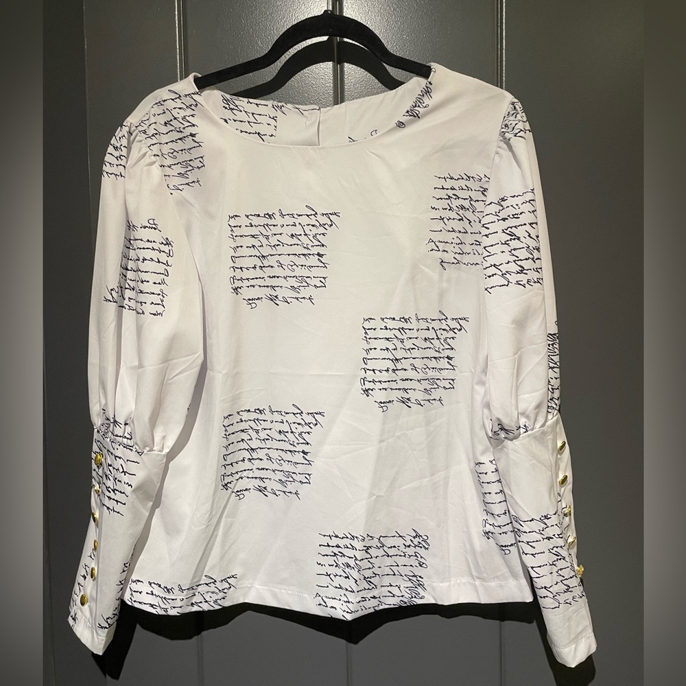 Vintage Elegant White Script Print Women's Top